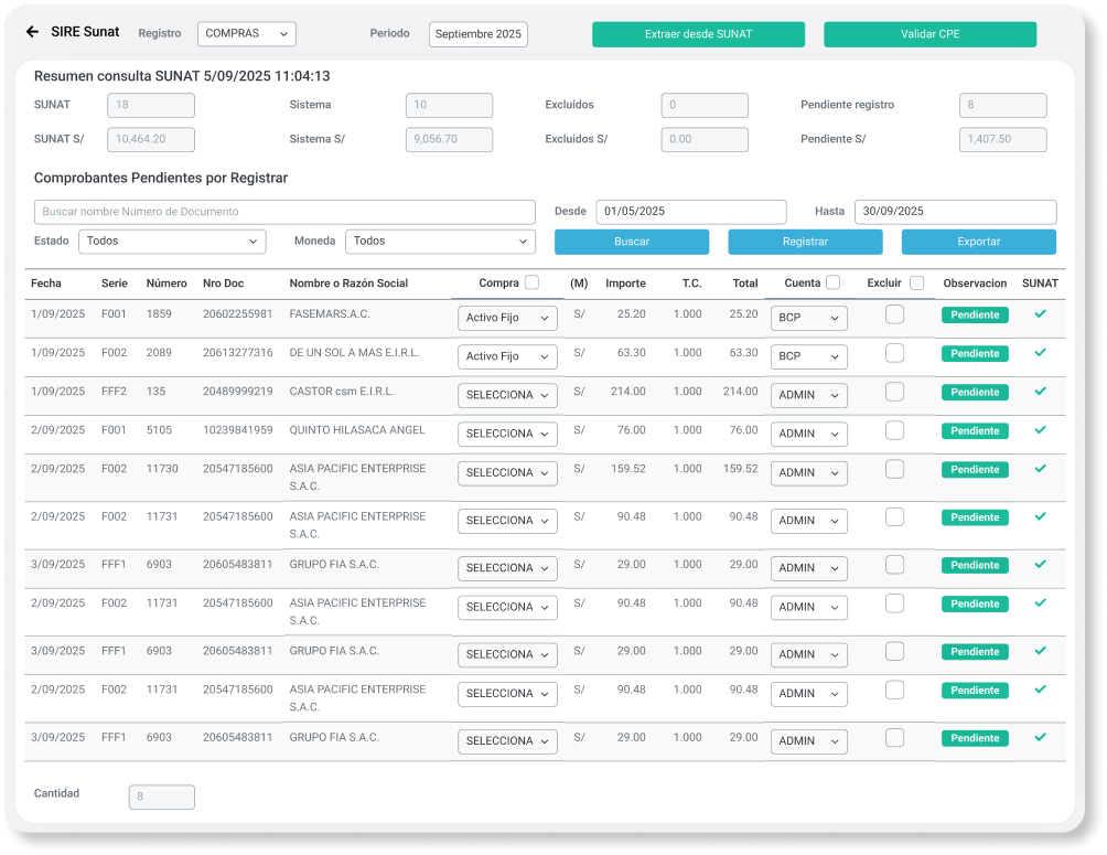 Sistema ContaUno con integración SIRE SUNAT para extracción automática de registros de ventas y compras en Perú