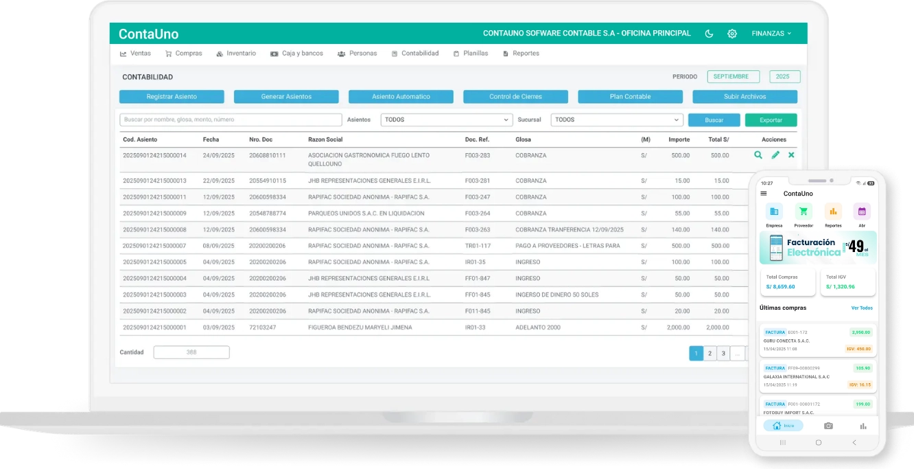 Software contable ContaUno mostrando interfaz de gestión financiera con módulos de facturación, planillas y reportes SUNAT para empresas peruanas